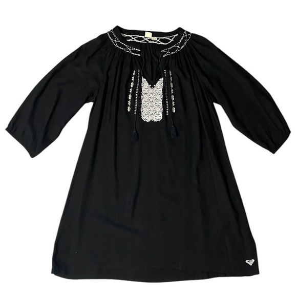 Roxy Quiksilver Floral Embroidered Peasant Dress Medium Black Hippie Boho Beachy - Picture 2 of 9